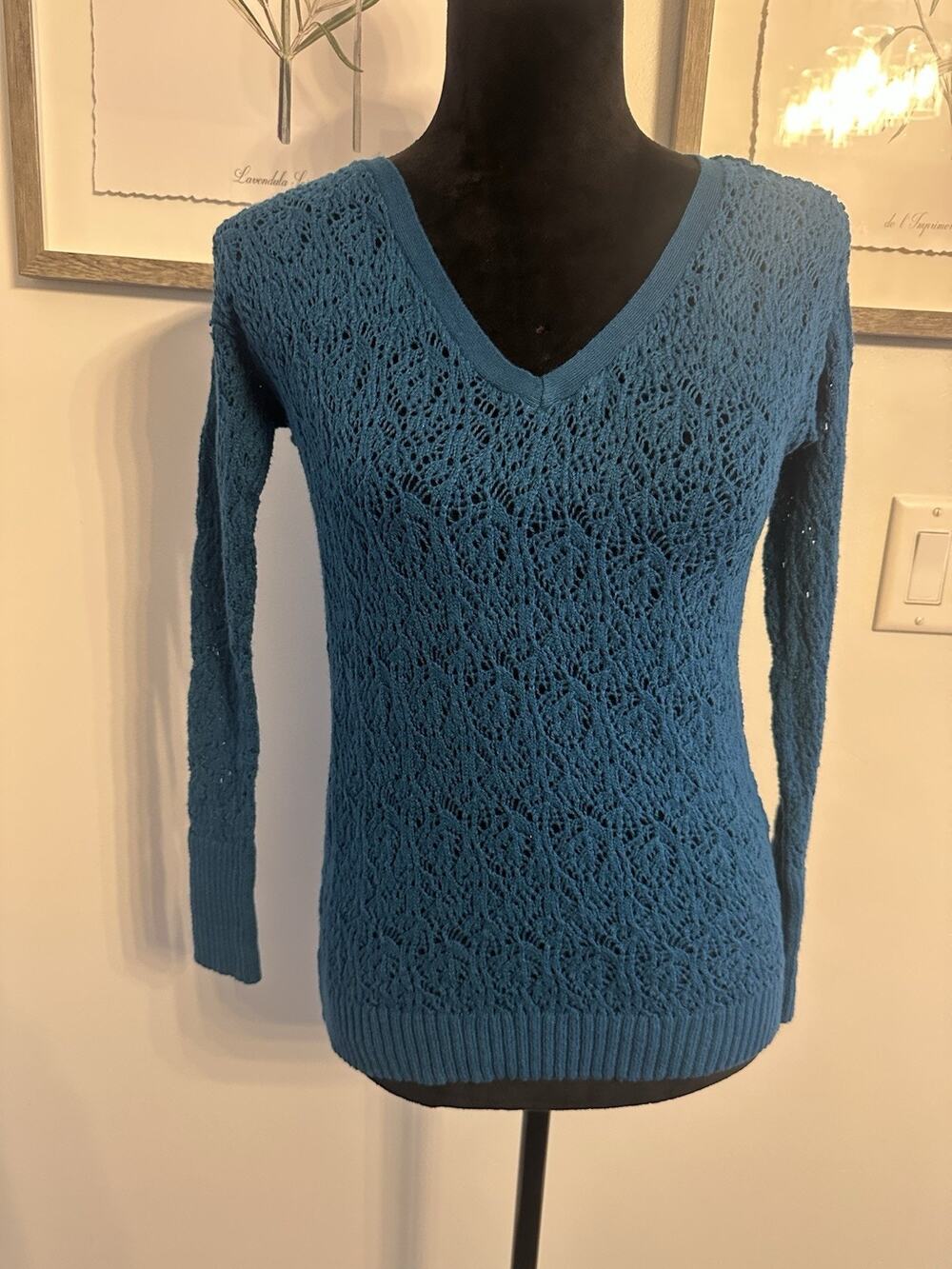 Aeropostale Crochet Sweater Womens Medium Blue VNeck Angora Blend Y2K Vintage